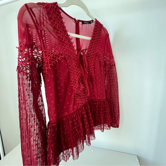 🩷BKE BOUTIQUE SHIRT RED LONG SLEEVE MESH PLEATED TULLE LACE UP SIZE SMALL - Picture 8 of 14